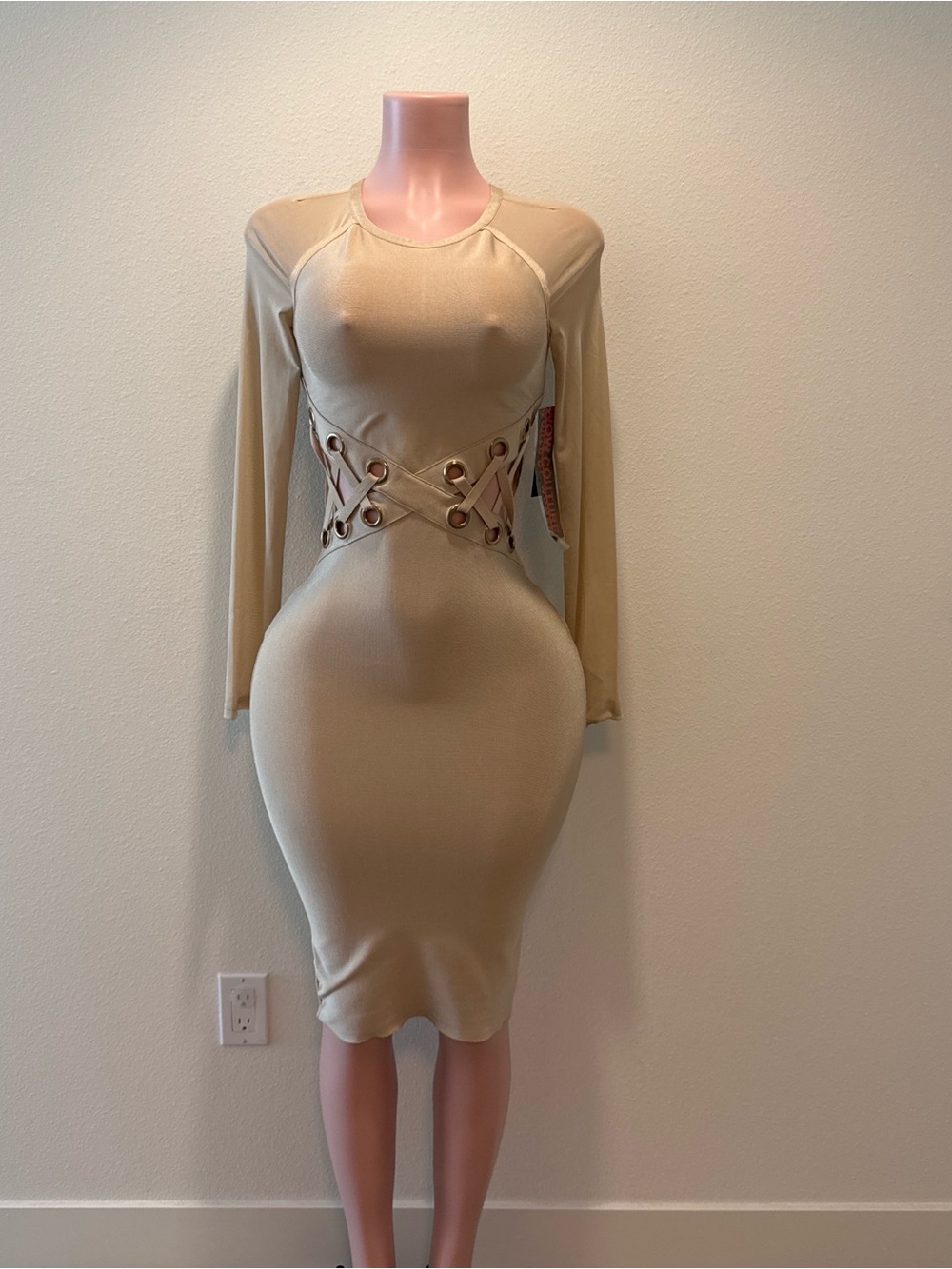 Long Sleeve Beige Corset Detail Bodycon Dress